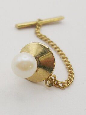 Vintage genuine Pearl Tie Tack with Chain classic Men's Suit Accessory